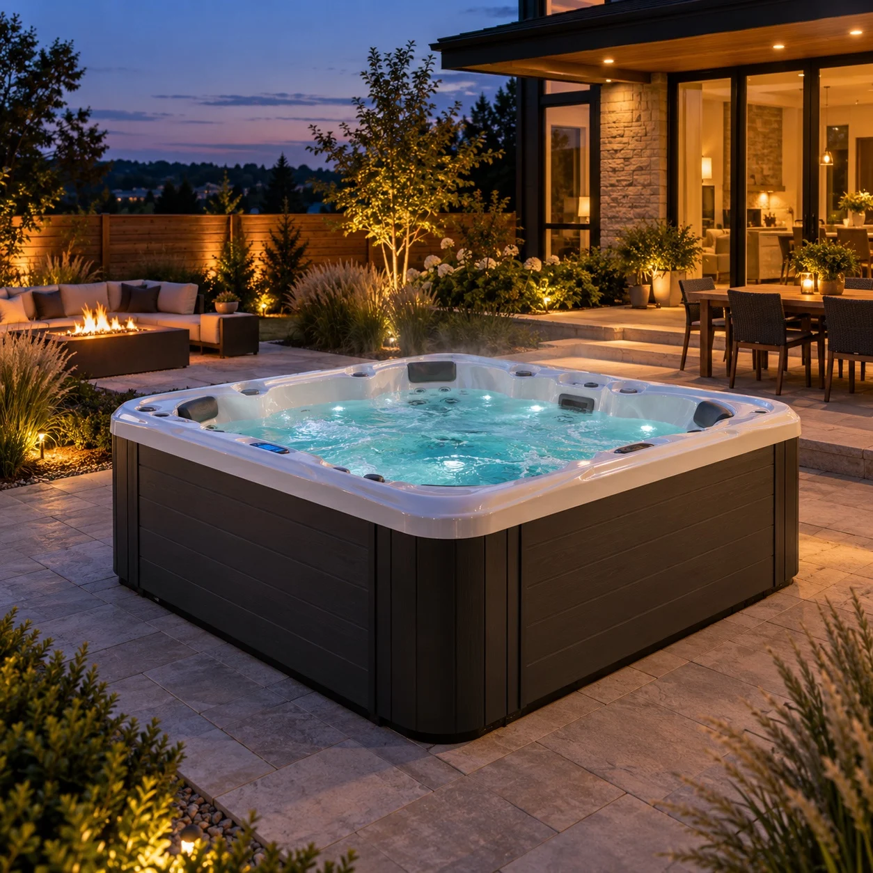 Illustrative backyard spa scene at dusk with warm patio lighting